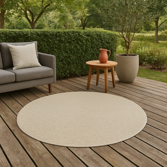 Preview: Outdoor-Teppich Terassenteppich mit Kreismuster langlebig und leicht -- beige-braun