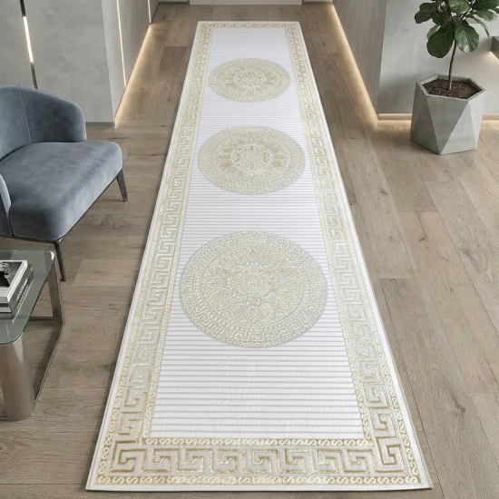Glänzender Designerteppich mit Orientalischem Muster in weiß-gold