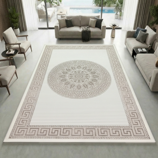 Glänzender Designerteppich mit Orientalischem Muster in weiß beige bronze