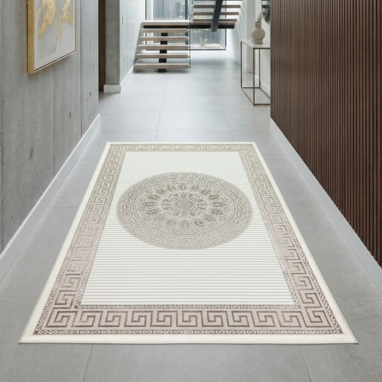 Preview: Glänzender Designerteppich mit Orientalischem Muster in weiß beige bronze