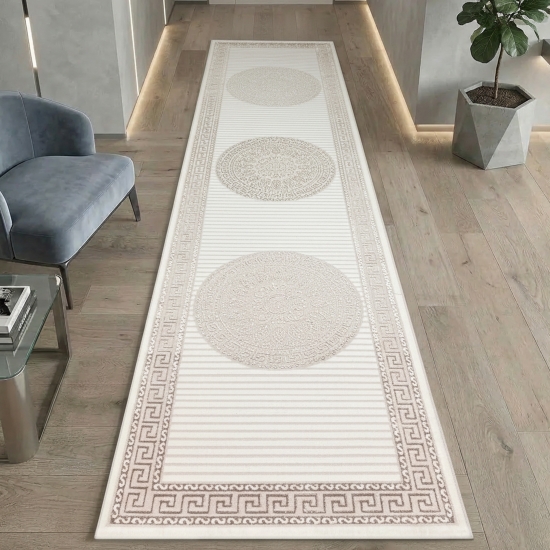 Preview: Glänzender Designerteppich mit Orientalischem Muster in weiß beige bronze