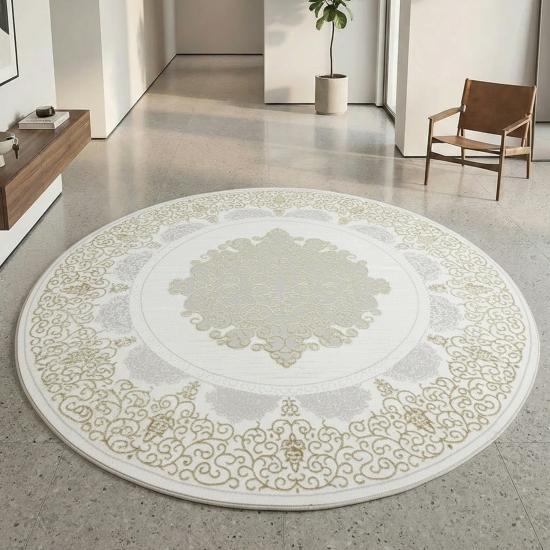 Preview: Designer Teppich mit Orientalischem Muster in weiß gold grau