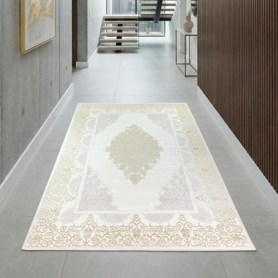 Preview: Designer Teppich mit Orientalischem Muster in weiß gold grau