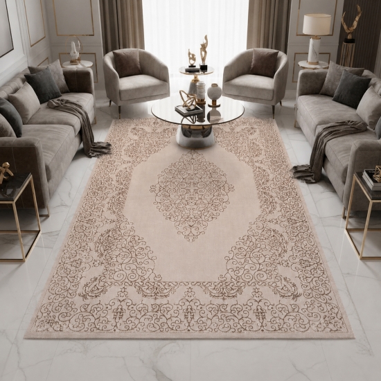 Teppich Beige Ornament Muster pflegeleicht