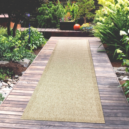Preview: Outdoorteppich Terrassenteppich Gartenteppich robust und langlebig linierter Rand in Beige