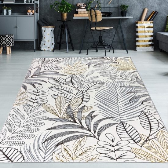 Moderner Wohnteppich mit exotischem Blattdesign in Creme Gold