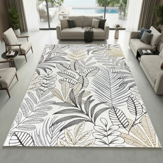 Kurzflorteppich Creme mit Blätterdesign Glanzoptik weich pflegeleicht für Wohnzimmer Schlafzimmer