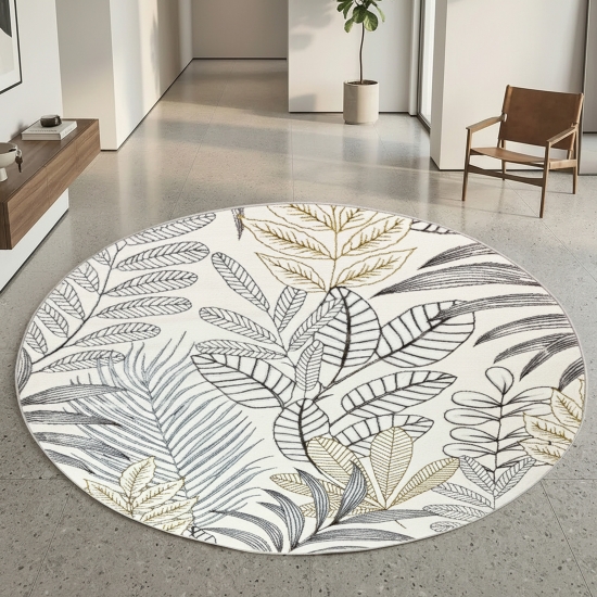 Preview: Kurzflorteppich Creme mit Blätterdesign Glanzoptik weich pflegeleicht für Wohnzimmer Schlafzimmer