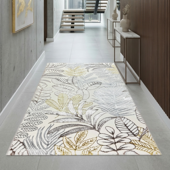 Preview: Kurzflorteppich Creme mit Blätterdesign Glanzoptik weich pflegeleicht für Wohnzimmer Schlafzimmer