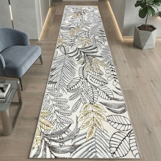 Preview: Kurzflorteppich Creme mit Blätterdesign Glanzoptik weich pflegeleicht für Wohnzimmer Schlafzimmer