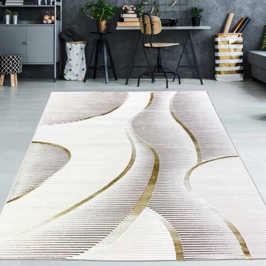 Wohnteppich in Creme mit geschwungenem Hoch-Tief-Muster