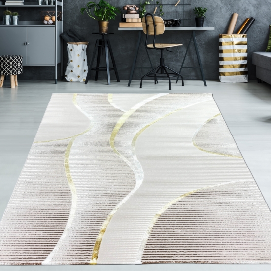 Wohnteppich in Creme mit geschwungenem Hoch-Tief-Muster
