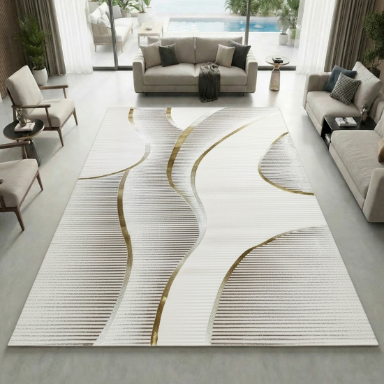 Kurzflorteppich Creme geschwungene Linien Glanzoptik weich pflegeleicht für Wohnzimmer Schlafzimmer