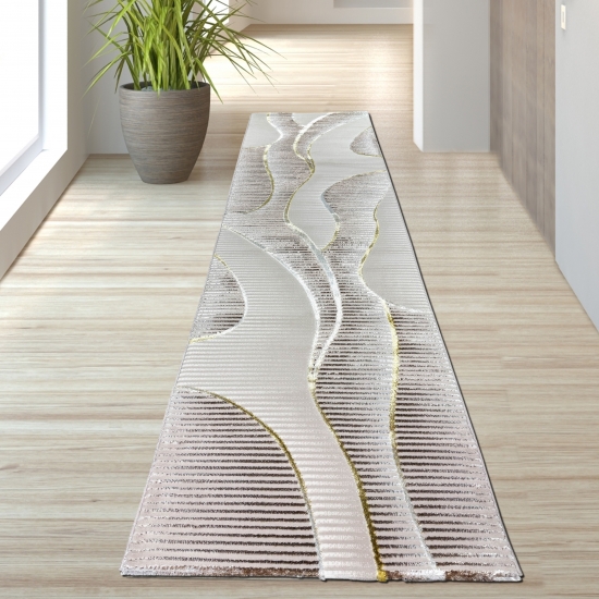 Preview: Kurzflorteppich Creme geschwungene Linien Glanzoptik weich pflegeleicht für Wohnzimmer Schlafzimmer