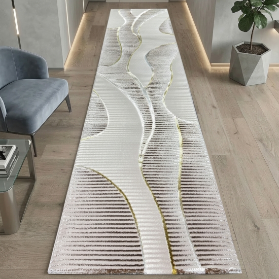 Preview: Kurzflorteppich Creme geschwungene Linien Glanzoptik weich pflegeleicht für Wohnzimmer Schlafzimmer