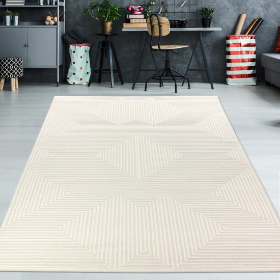 Wohnteppich in Creme mit 3D-Struktur und stilvollem Hoch-Tief-Muster