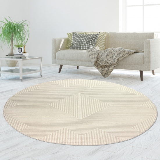 Preview: Kurzflorteppich Creme geometrisches Muster Glanzoptik weich pflegeleicht für Wohnzimmer Schlafzimmer