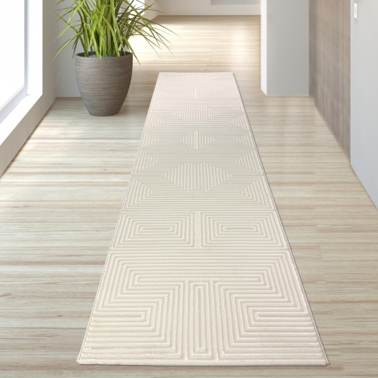 Preview: Kurzflorteppich Creme geometrisches Muster Glanzoptik weich pflegeleicht für Wohnzimmer Schlafzimmer