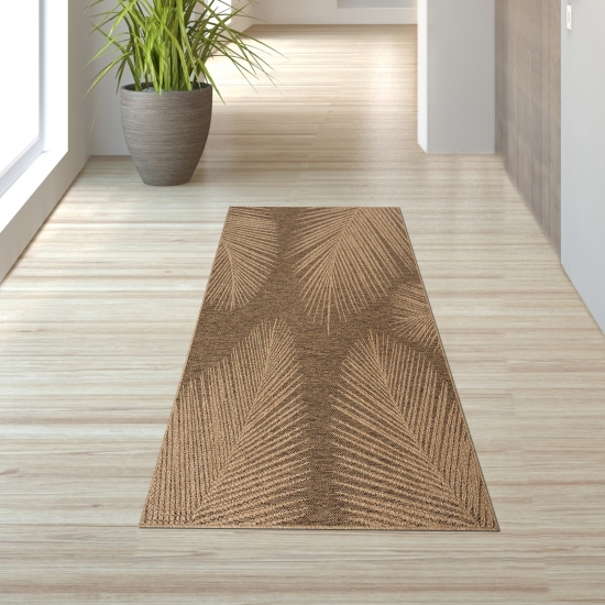 Preview: Zeitloser Teppich für Innen- & Außenbereich wetterfest mit Blattmuster in Beige Braun