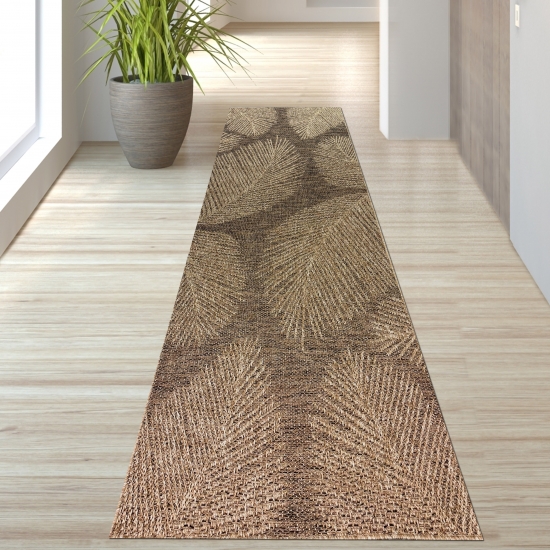 Preview: Zeitloser Teppich für Innen- & Außenbereich wetterfest mit Blattmuster in Beige Braun