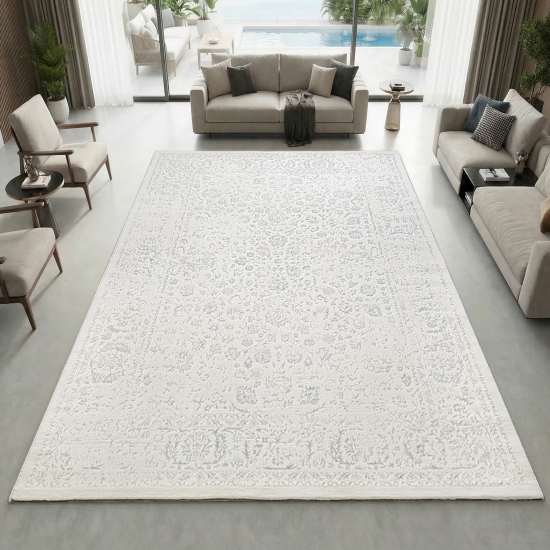 Teppich Creme mit Ornament Muster pflegeleicht Wohnbereich