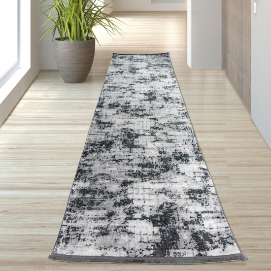 Preview: Moderner Teppich in Abstraktem Design in Grau auf Schwarz