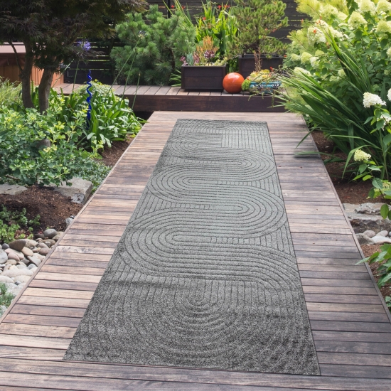 Preview: Moderner Outdoor Teppich wetterfest Terrasse Balkon Boho-Style hochwertig Anthrazit