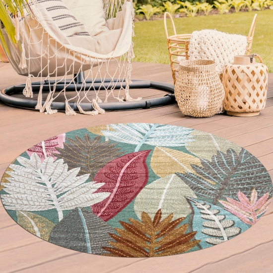 Preview: Outdoor Teppich Blumen Muster 3d-Effekt wetterfest türkis bunt