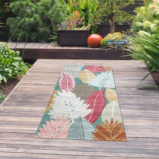 Preview: Outdoor Teppich Blumen Muster 3d-Effekt wetterfest türkis bunt