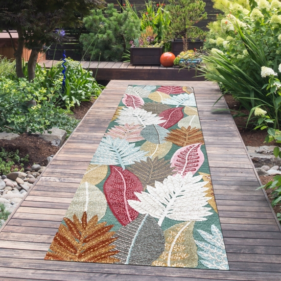 Preview: Outdoor Teppich Blumen Muster 3d-Effekt wetterfest türkis bunt