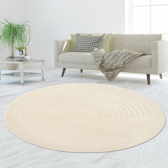 Preview: Wohnzimmerteppich mit niedrigem Flor und halbrundes Linienmuster in Beige