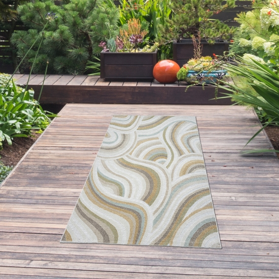 Preview: Moderner Outdoor-Teppich mit Abstraktem Muster in Creme und angenehmen Naturfarben