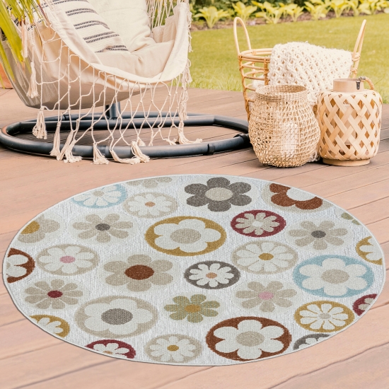 Preview: Moderner Teppich mit Blumen Muster für Innen- und Außenbereiche in sanftem Creme und bunten Blumen Preview: Moderner Teppich mit Blumen Muster für Innen- und Außenbereiche in sanftem Creme und bunten Blumen