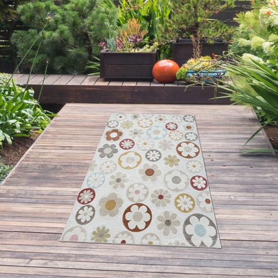 Preview: Moderner Teppich mit Blumen Muster für Innen- und Außenbereiche in sanftem Creme und bunten Blumen Preview: Moderner Teppich mit Blumen Muster für Innen- und Außenbereiche in sanftem Creme und bunten Blumen