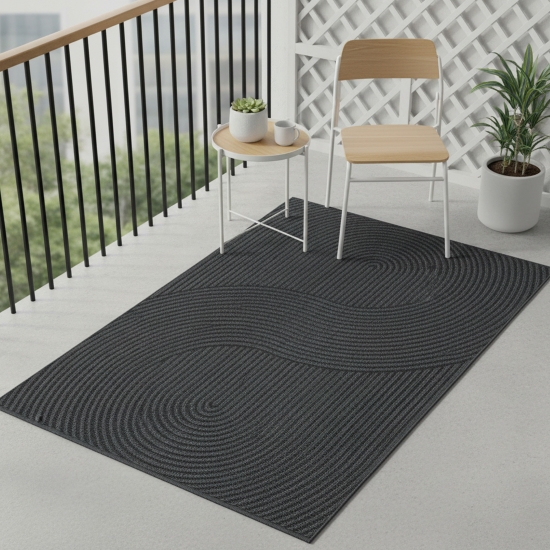 Preview: Teppich Outdoor grafisches Wellenlinien Design wetterfest Terrasse Balkon Anthrazit
