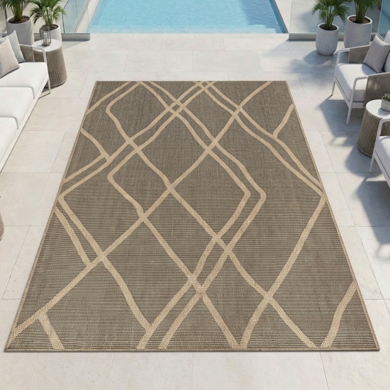 Teppich Outdoor grafisches Linien Design wetterfest Terrasse Balkon Braun Beige