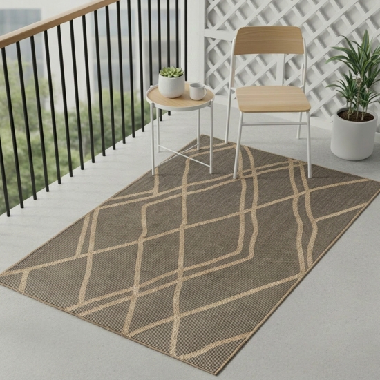 Preview: Teppich Outdoor grafisches Linien Design wetterfest Terrasse Balkon Braun Beige