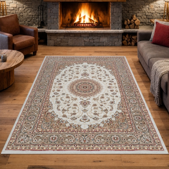 Teppich Creme Beige Medaillon Muster pflegeleicht für Wohnräume