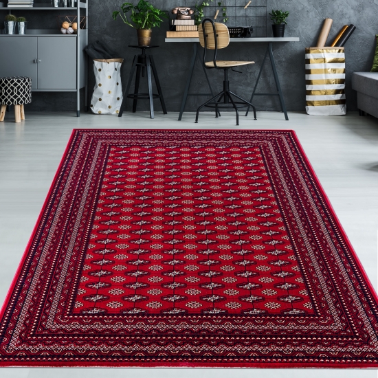 Teppich Rot geometrisches Muster pflegeleicht für Wohnbereiche