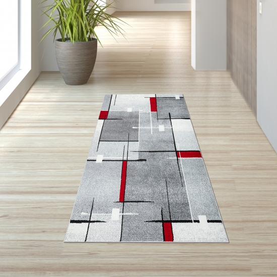 Preview: Moderner Kurzflorteppich mit Linienmuster in Grau, Weiß und Rot für den Innenbereich