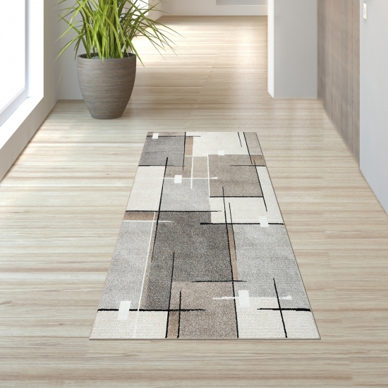 Preview: Moderner Teppich mit geometrischem Muster – Beige, Grau & Schwarz – Weich & strapazierfähig