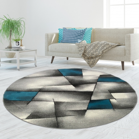 Preview: Designer Teppich mit Konturenschnitt Karo Muster Türkis Grau Weiß Schwarz