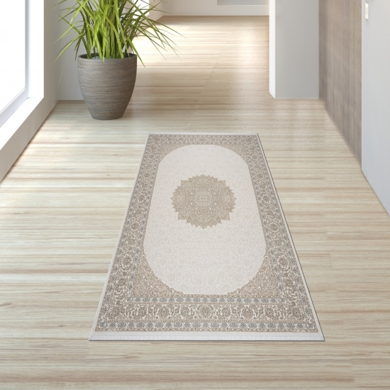 Preview: Klassischer Wohnzimmerteppich – Orientalisches Muster in Beige und Creme