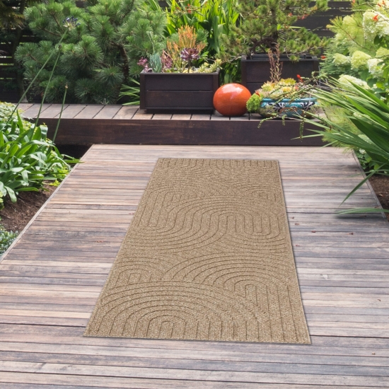 Preview: Teppich In- und Outdoor mit Kreislinien-Muster in Beige für moderne Wohn- und Außenbereiche Preview: Teppich In- und Outdoor mit Kreislinien-Muster in Beige für moderne Wohn- und Außenbereiche