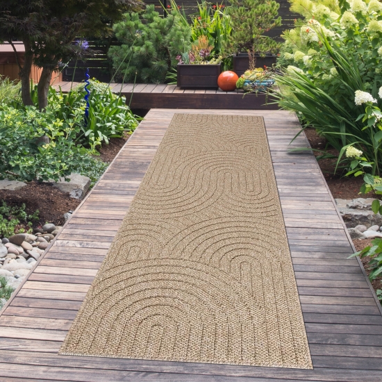 Preview: Teppich In- und Outdoor mit Kreislinien-Muster in Beige für moderne Wohn- und Außenbereiche Preview: Teppich In- und Outdoor mit Kreislinien-Muster in Beige für moderne Wohn- und Außenbereiche