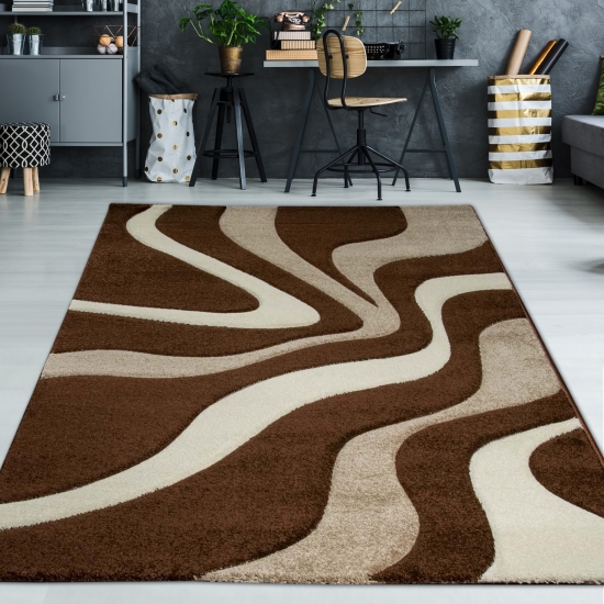 Designer Teppich mit Konturenschnitt Wellenmuster Braun Weiss