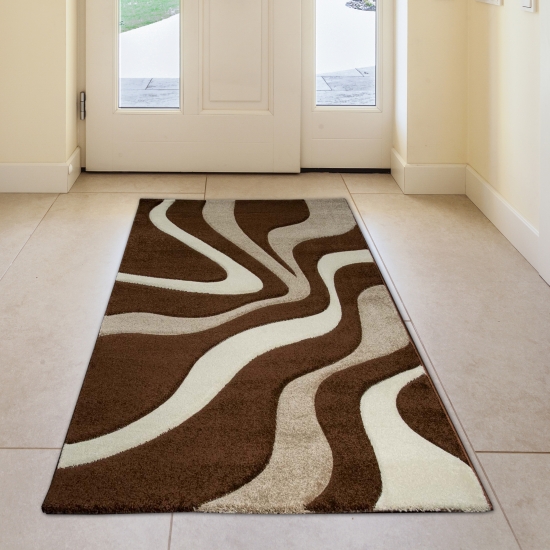 Designer Teppich mit Konturenschnitt Wellenmuster Braun Weiss