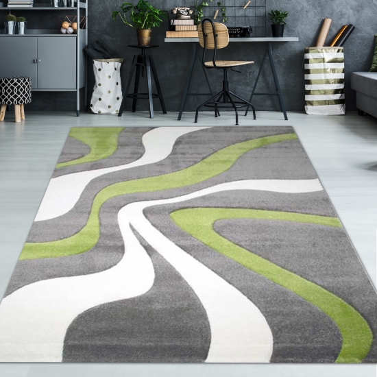 Designer Teppich mit Konturenschnitt Wellenmuster Grün Grau Weiss