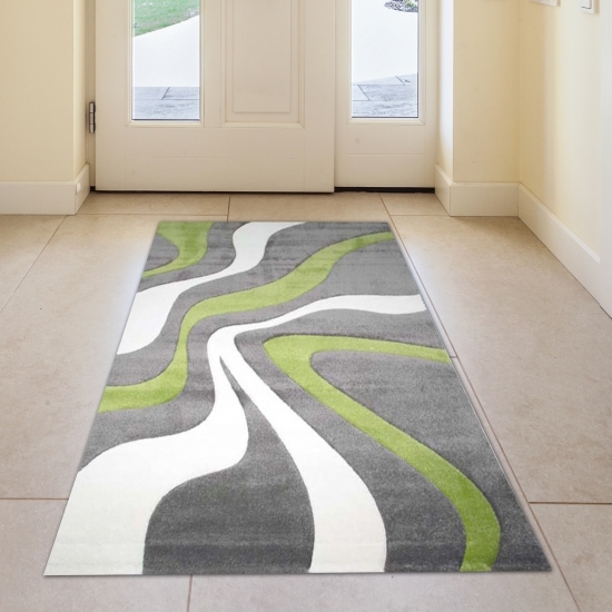 Designer Teppich mit Konturenschnitt Wellenmuster Grün Grau Weiss