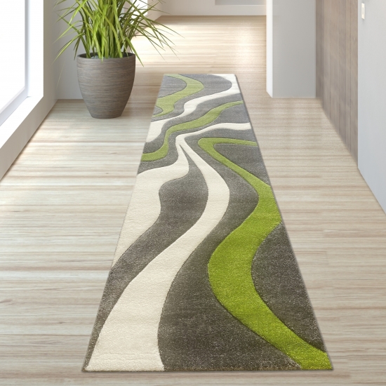 Designer Teppich mit Konturenschnitt Wellenmuster Grün Grau Weiss